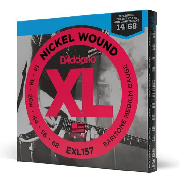 A square retail box of D'Addario EXL157 XL Nickel Wound Baritone Medium Gauge electric guitar strings, featuring a large pink circle graphic with XL typography and the gauge numbers 14|68 in the upper right corner.