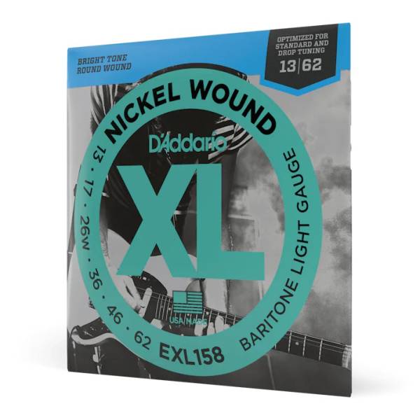 A retail package of D'Addario EXL158 XL Nickel Wound Baritone Light Gauge electric guitar strings, displaying a large teal circle with XL branding and a 13|62 gauge indicator in the top right corner.