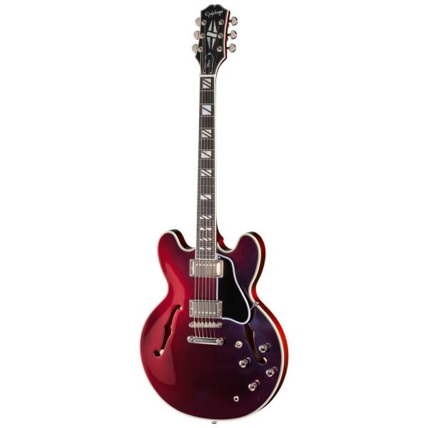 Epiphone Futura ES-355 electric guitar in Midnight Ember Shift finish with dual humbuckers, chrome hardware, stopbar tailpiece, and bound fretboard with split-diamond inlays.