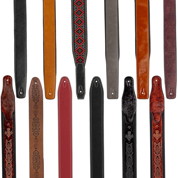 A collection of twelve XTR leather guitar straps arranged vertically, featuring various colors including black, brown, and red, with distinct finishes such as smooth, stitched, and intricately embossed patterns.