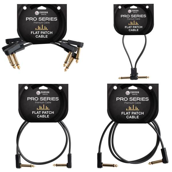 Four variations of black Carson Pro Series Flat Patch Cables with right-angle gold-shaft plugs, each attached to a black retail display card featuring the brand logo and cable specifications.
