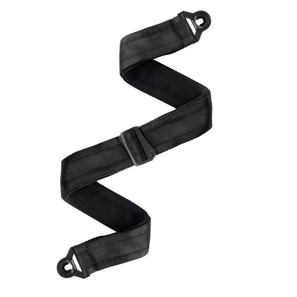 D'Addario 50BAL00 black woven nylon guitar strap showing integrated auto-lock plastic ends and an adjustable length buckle against a white background.