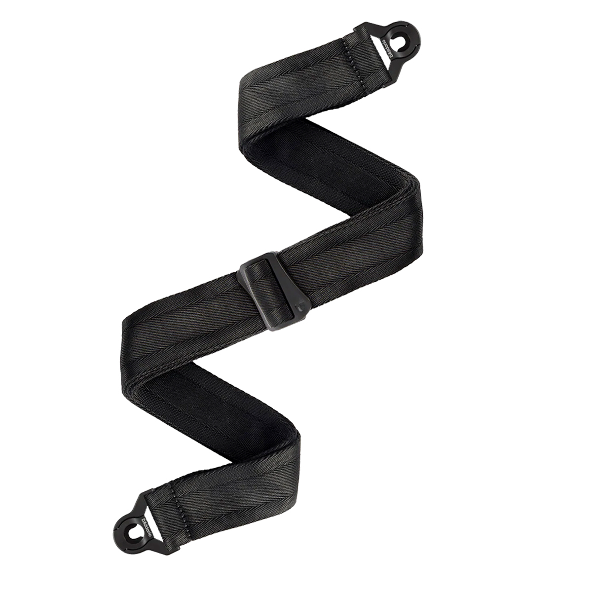 D'Addario 50BAL00 black woven nylon guitar strap showing integrated auto-lock plastic ends and an adjustable length buckle against a white background.