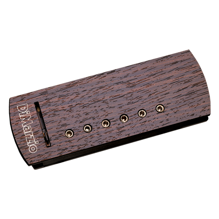 A DiMarzio acoustic guitar soundhole pickup featuring a rosewood look finish, six individual adjustable metal pole pieces, and a sliding volume control slot.