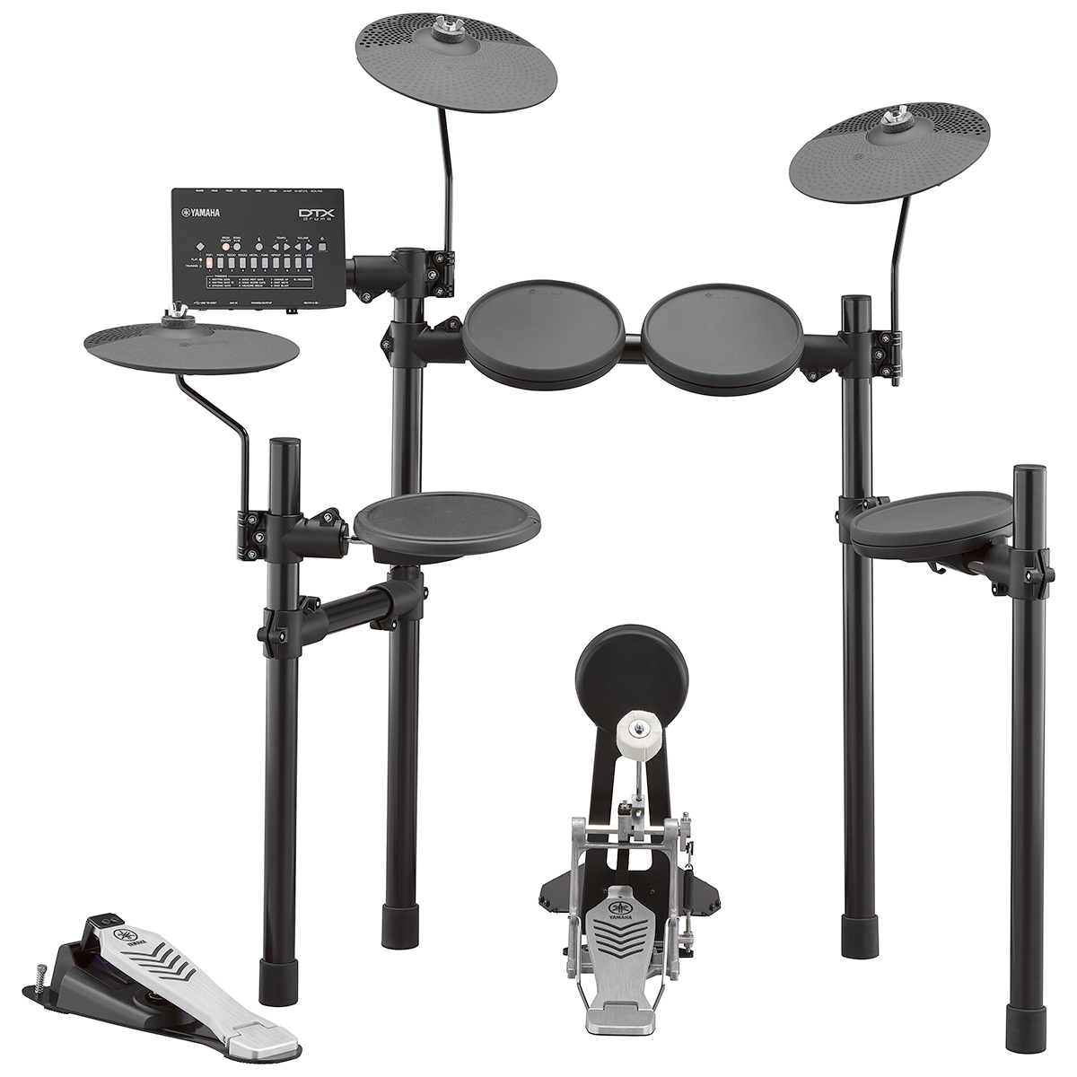A Yamaha electronic drum kit featuring black rubber drum pads, black cymbal pads, a black metal rack system, a drum module, a silver and black Yamaha bass drum pedal attached to a kick tower, and a freestanding black hi-hat pedal.