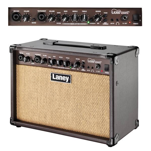 Laney LA30D acoustic amplifier featuring warm brown tolex, basket weave grille, metal hardware corners, and a dual-channel front control panel. Inset closeup of dual-channel front control panel