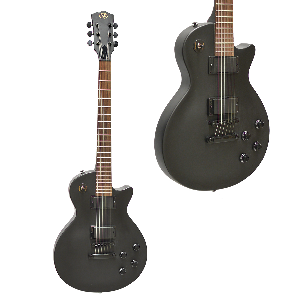 An SX single-cutaway solid body electric guitar in a matte black finish with black hardware, dual humbuckers, and an unmarked dark fretboard. With inset of a closeup of controls and pickup