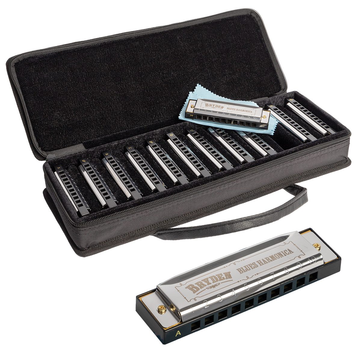 A black zippered carrying case open to reveal twelve Bryden Blues Harmonicas resting in a plush-lined interior, with a blue polishing cloth. Inset shows a close-up of a single Bryden diatonic harmonica with silver cover plates and a black comb.