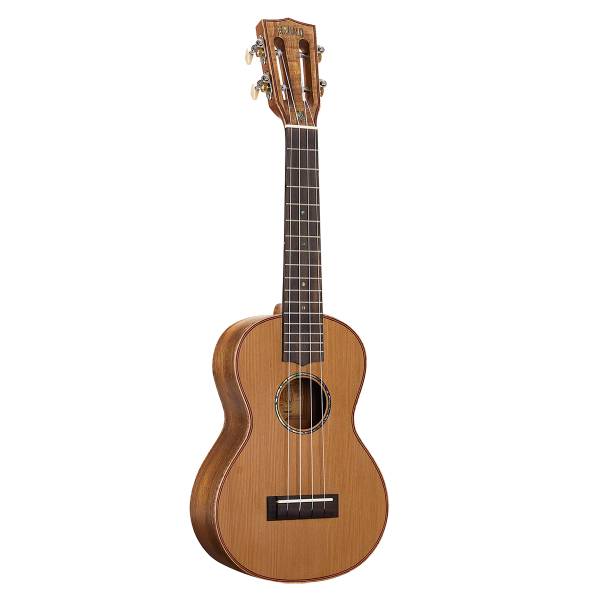 A natural matte finish Mahalo concert ukulele with a slotted headstock, Waverly-style tuners with ivoroid buttons, an abalone rosette, and a dark wood fretboard.