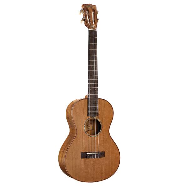Front view of a Mahalo MM4 baritone ukulele in a natural matte finish, featuring a solid cedar top, slotted headstock, dark fingerboard with dot inlays, and an abalone soundhole rosette.