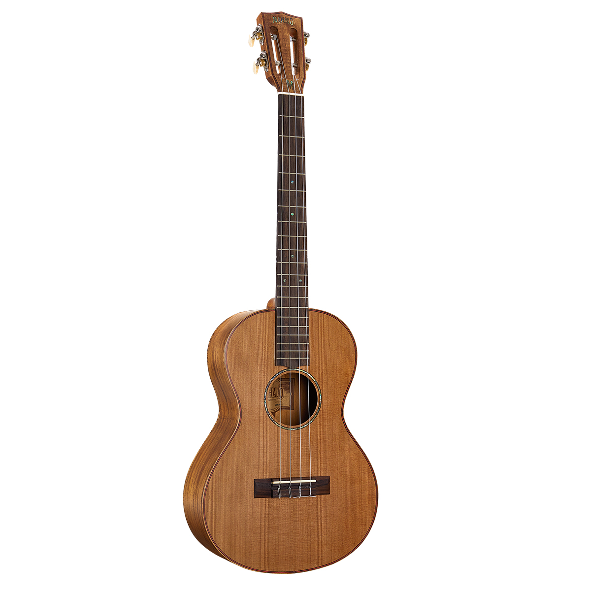 Front view of a Mahalo MM4 baritone ukulele in a natural matte finish, featuring a solid cedar top, slotted headstock, dark fingerboard with dot inlays, and an abalone soundhole rosette.