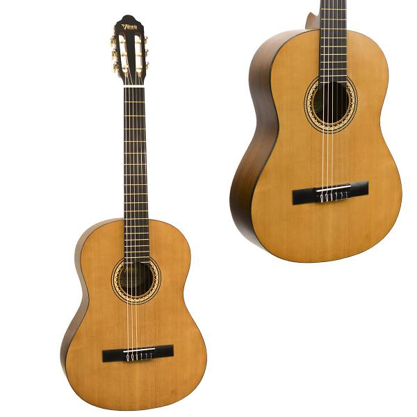 A full-sized Valencia classical guitar featuring an Antique Natural finish on the top, nylon strings, a standard slotted headstock, a dark bridge, and a highly detailed decorative rosette.