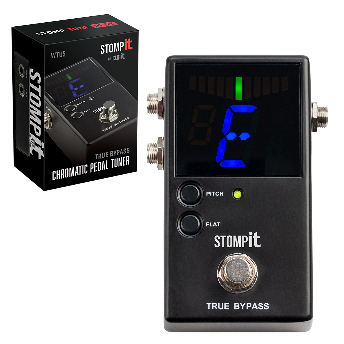 Black STOMP IT by CLIP IT WTU5 chromatic pedal tuner with a diecast metal case, silver footswitch, side-mounted input and output jacks, and an illuminated blue and green LED display next to its black retail packaging box.